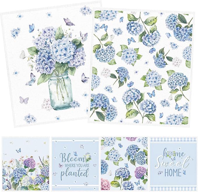 Floral Swedish Dishcloths for Kitchen, 6 Pack Blue Hydrangea Reusable Dish by InIsaJace