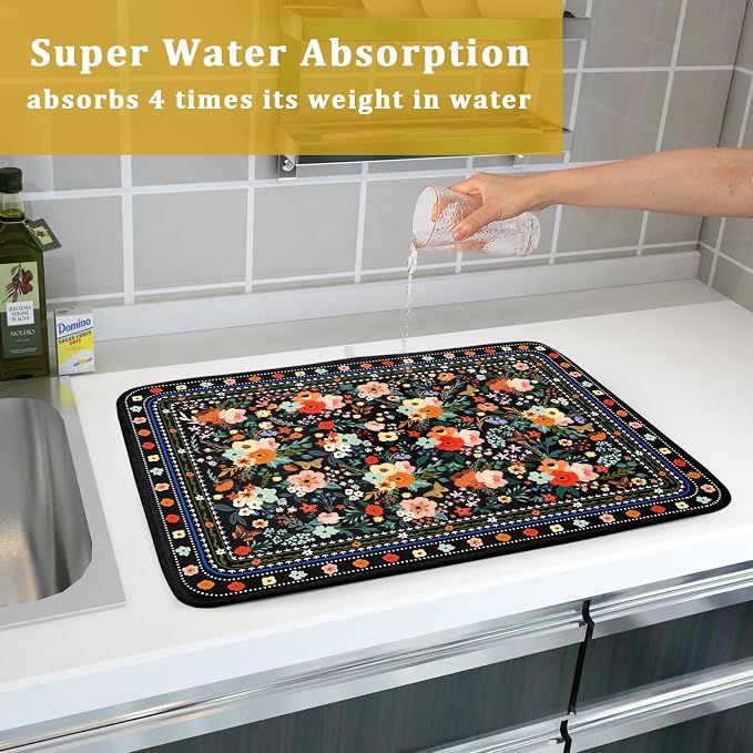 Floral Microfiber Dish Drying Mat Large Absorbent Dish Drainer Rack Pad - Image 7