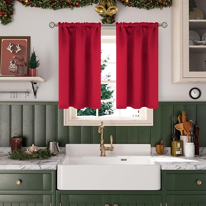 BGment Red Blackout Curtains 48 Inches Length for Bedroom - Short Thermal Insulated Drapes with Rod Pocket Room Darkening Christmas Decor for Kitchen Bathroom Window, 2 Panels, 42 x 48 Inch