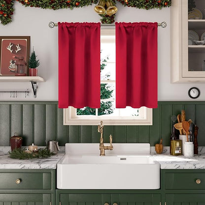 BGment Red Blackout Curtains 48 Inches Length for Bedroom - Short Thermal Insulated Drapes with Rod Pocket Room Darkening Christmas Decor for Kitchen Bathroom Window, 2 Panels, 42 x 48 Inch