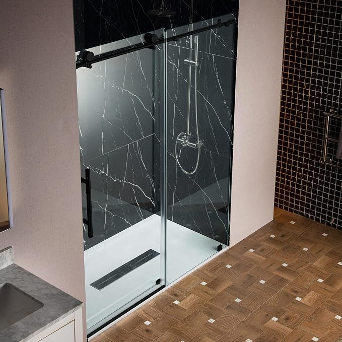 Woodbridge Frameless Single Sliding Shower Doors in Matte Black Finish - Image 14