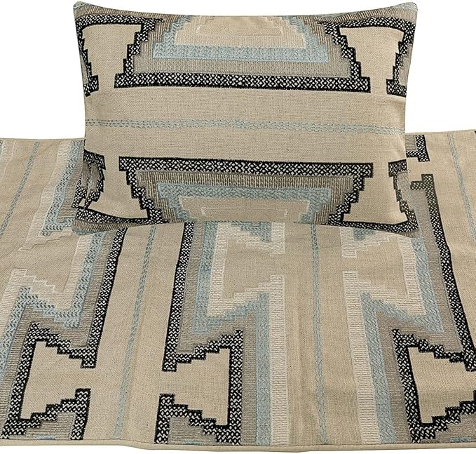 The HomeCentric King Queen Twin Blue & Ivory Handmade Queen 74"x18" Bed Runner with 2 Pillow Cover, Embroidered Bed Scarf on Cotton Fabric - Aztec Armour
