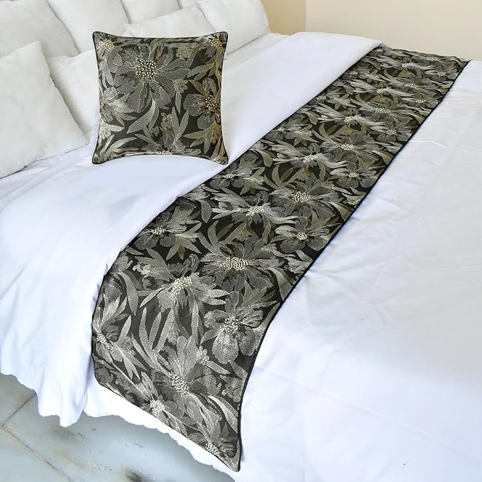 The HomeCentric King/Queen/Twin Grey Decorative Bed Runner King 90"x18" Bed Runner with One Pillow Cover, Embroidery, Floral, Pearl Bed Scarf on Jacquard Fabric - Liana
