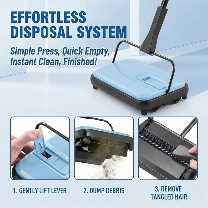 Manual Carpet Sweeper, Electric-Free Quiet Floor Sweeper - Image 5