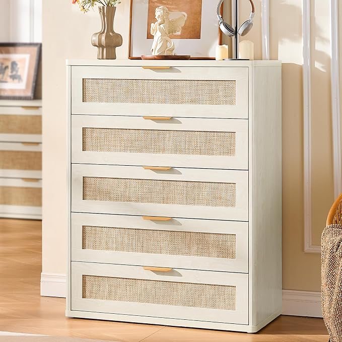 LEYAOYAO White Dresser for Bedroom, Modern 5 Drawers Boho Rattan Dressers - Image 4