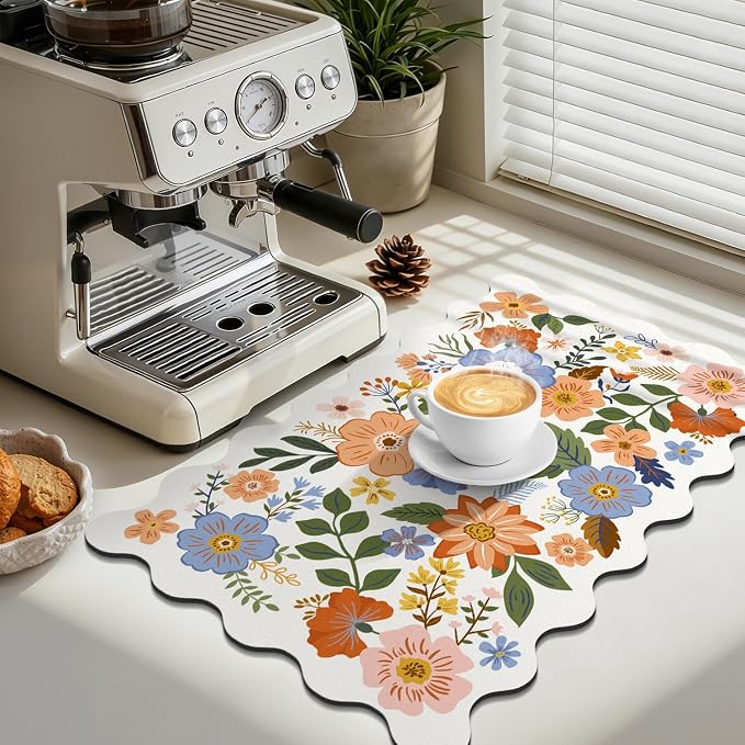LOKHOM Scalloped Floral Dish Drying Mat, Cuttable Hide Stain Non-slip Drying Mat - Image 4