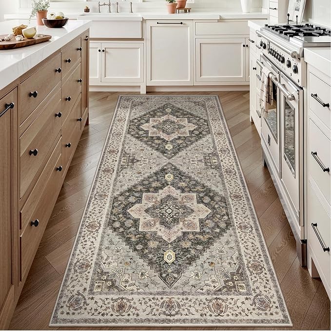 Tangsoo 2x6 Washable Runner Rug for Hallways, Non Slip Vintage Runner, Soft Low Pile Long Rug Runner, Print Distressed Grey Carpet Runners for Kitchen Bedroom Entryway Bathroom Living Room