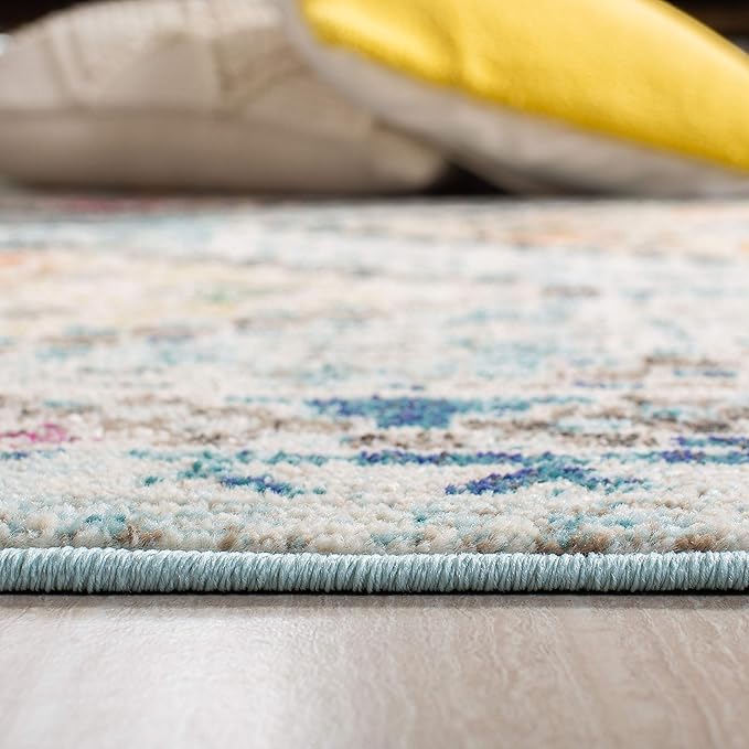 SAFAVIEH Madison Collection Area Rug - 6'7" Square, Blue & Yellow, Boho Diamond Distressed Design, Non-Shedding & Easy Care, Ideal for High Traffic Areas in Living Room, Bedroom (MAD418K)
