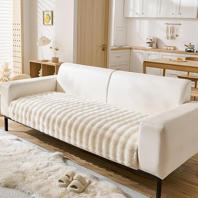 Faux Fur Couch Cover Fuzzy Soft Plush Thick Bubble Sofa Cover Luxury Sectional Couch Covers Luxury Anti-Slip Sofa Slipcover Washable Furniture Protector (Ivory,36"x63")