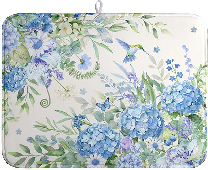Blue Hydrangea Dish Drying Mat for Kitchen Counter 18 x 24 Inch Spring Floral by Wnoesat