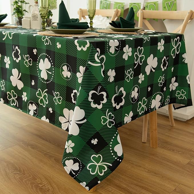 Green Gingham Shamrock Plaid Tablecloth by Essifunia