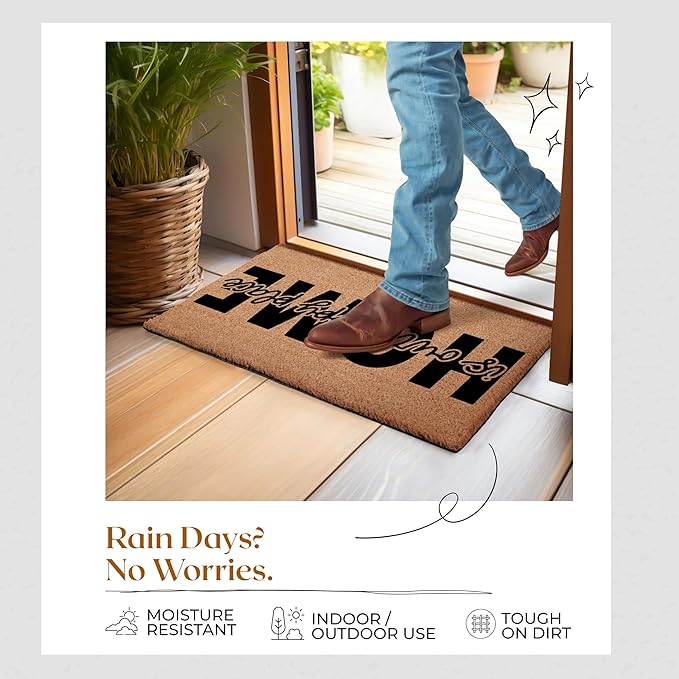 Coir Door Mats 17" X 30", Non-Slip Sturdy, PVC Backed Heavy Duty, Easy to Clean, Ideal for Door Entrance, Patio, Porch, Backyard, Garages, Home is Our Happy Place