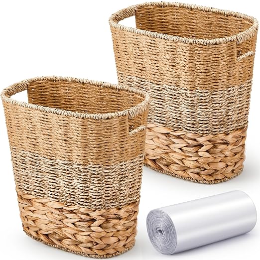 2 Pcs Wicker Trash Can with 50 Small Trash Bag Wicker Waste Woven Basket with by Ziliny