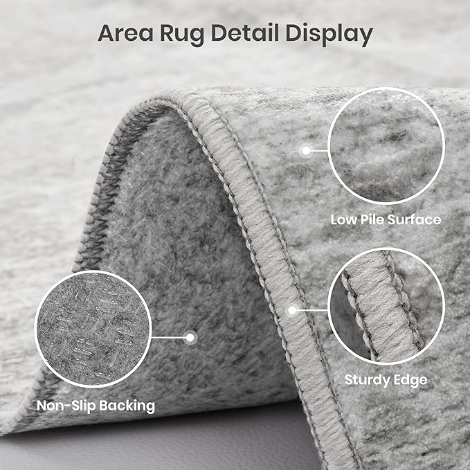 Valenrug Washable Round Area Rugs 8x8 - Stain Resistant 8ft Round Rugs for Living Room, Non Slip Backing Printed Rugs for Bedroom, Folable Machine Washable Area Rug (8ft, Grey)