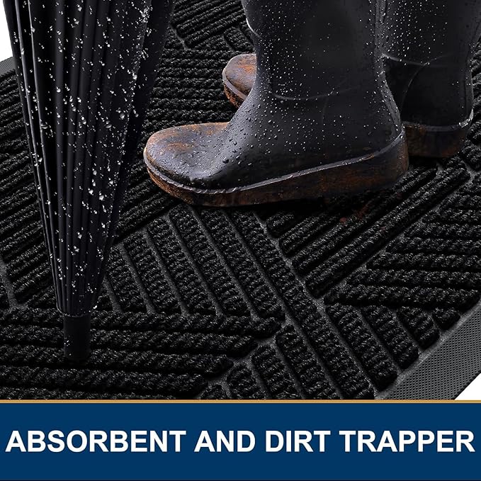 Smiry Front Door Mat Outside Entrance, Heavy Duty Sturdy Natural Rubber Doormat, Trap Dirt and Moisture, Easy Clean Low Profile Mats for Indoor Outdoor Entry, Irregular Triangle (59x24, Black)