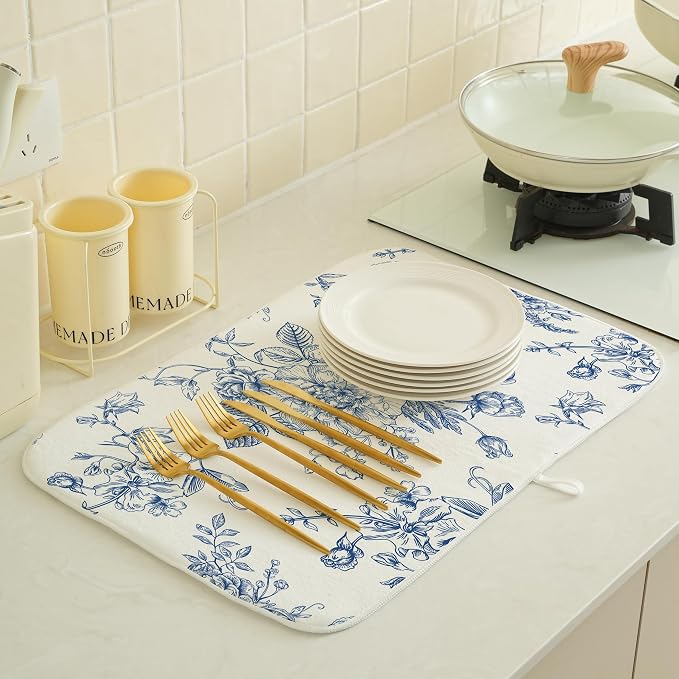 Blue Floral Dish Drying Mats 18x24 Inch Blue and White Chinoiserie Flower - Image 3