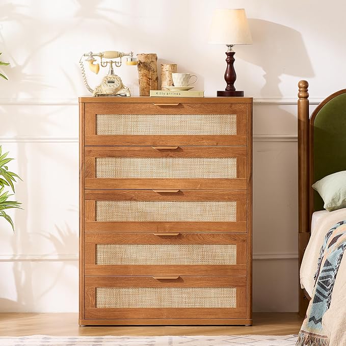 LEYAOYAO Rattan Dresser for Bedroom Set 2, Modern 5 Drawers Boho Dressers - Image 4