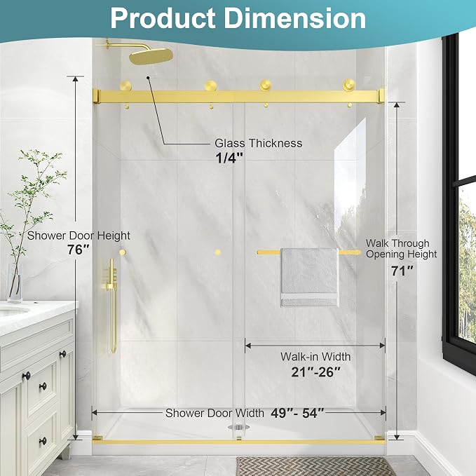 KPUY Frameless Shower Door, 49-54" W x 76" H Double Sliding Glass Shower Door - Image 4