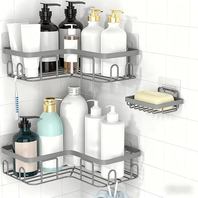 Moforoco Corner Shower Caddy Shelf Organizer Rack, Self Adhesive Grey Bathroom by MOFOROCO