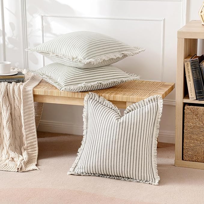 MIULEE Pack of 2 Sage Green Pillow Covers 26x26 Inch Striped Farmhouse Couch Throw Pillow Covers with Fringe Chic Linen Decorative Cushion Eruo Sham for Sofa Living Room Bed Outdoor Home Decor