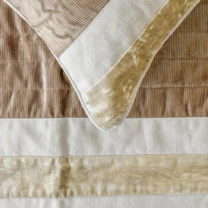 The HomeCentric King/Queen/Twin Beige Designer King 90"x18" Bed Runner with Two Pillow Cover, Velvet & Patchwork Bed Scarf on Velvet Fabric - Luxe Velvet Lines