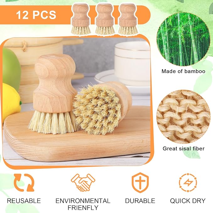 cobee 12Pcs Bamboo Dish Scrub Brushes, Kitchen Dishwashing Scrubber - Image 2