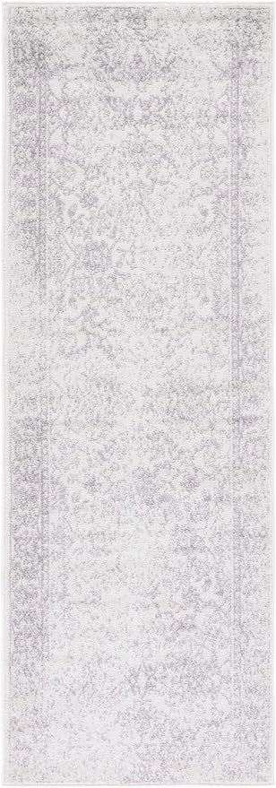 SAFAVIEH Adirondack Collection Runner Rug - 2'6" x 18', Ivory & Silver, Distressed Vintage Floral Design, Non-Shedding & Easy to Clean, Ideal for Hallway, Foyer, Entryway, Bedroom (ADR109C)