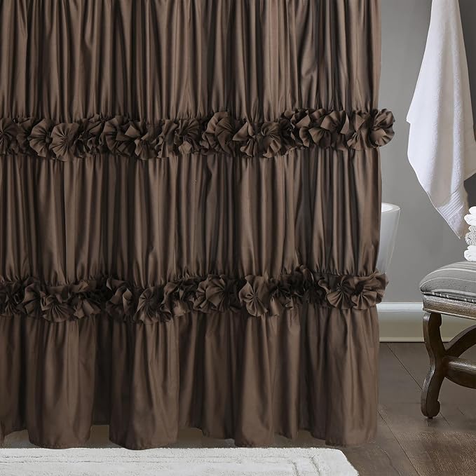 Chocolate Ruffle Shower Curtain, Vintage Handcrafted Bow Tie Bath Curtain - Image 8