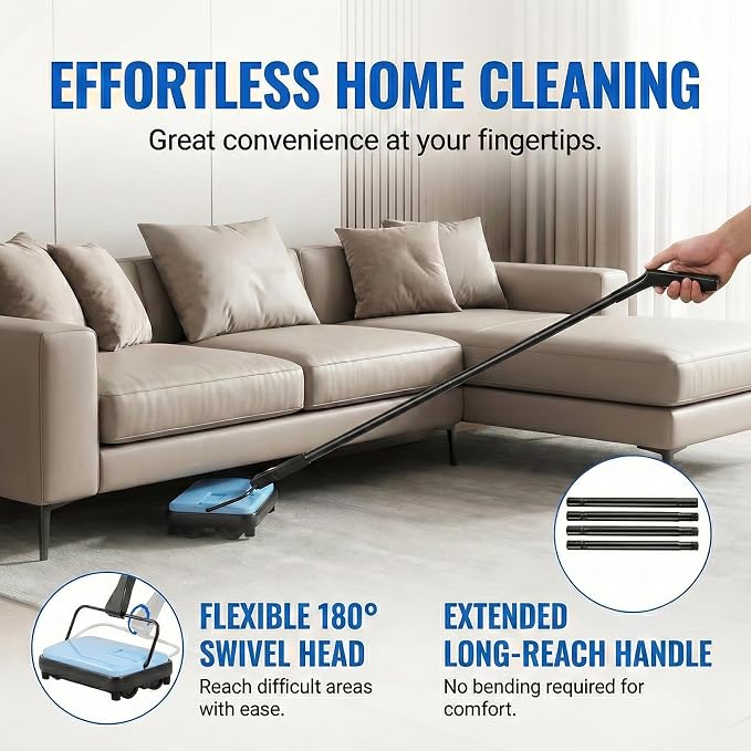 Manual Carpet Sweeper, Electric-Free Quiet Floor Sweeper - Image 3