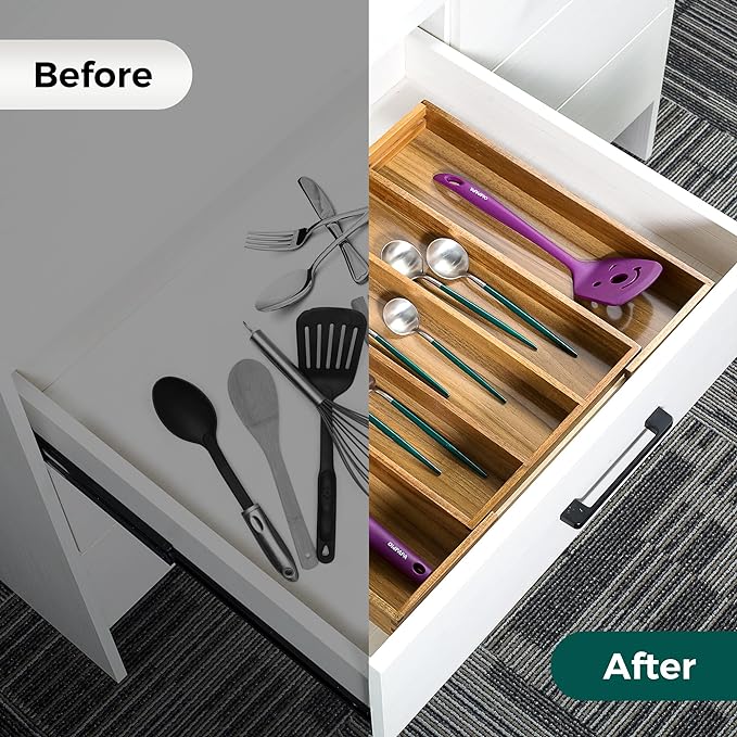 Utoplike Acacia Kitchen Drawer Organizer Expandable, Large Utensils and Cutlery - Image 5