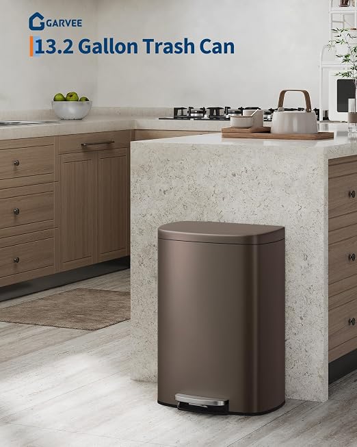 GarveeHome Stainless Steel Kitchen Trash Can, 13 Gal / 50 L Step-On Garbage Bin - Image 2