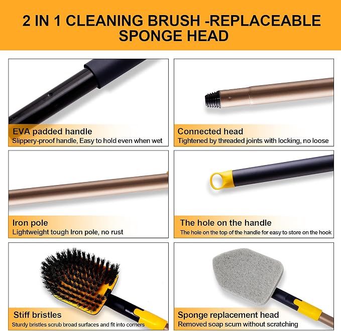 Yocada Tub Tile Scrubber Brush 2 in 1 Cleaning Brush 58.2 Inch Adjustable - Image 4