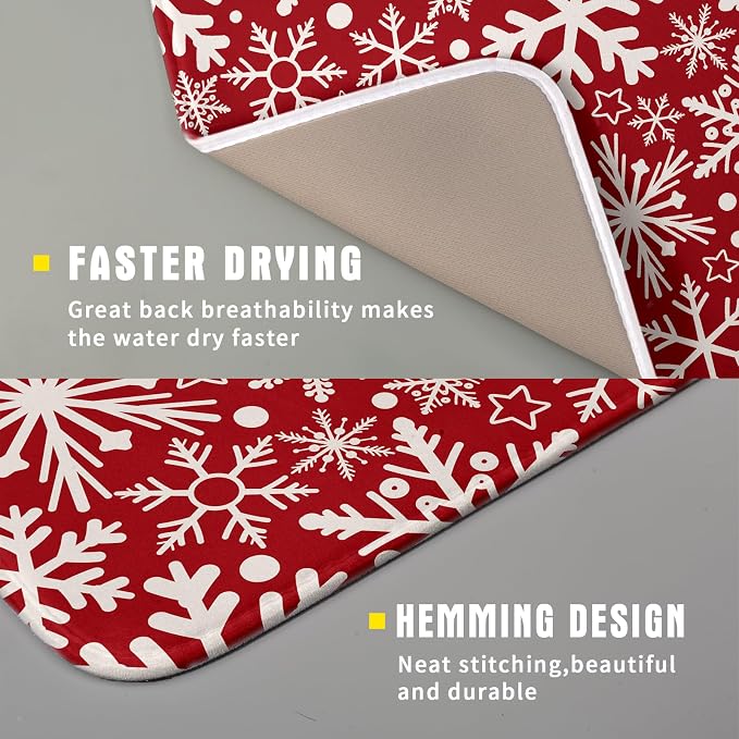 Christmas Dish Drying Mat for Kitchen Counter 16x18 Dark Red Snowflake Winter - Image 3