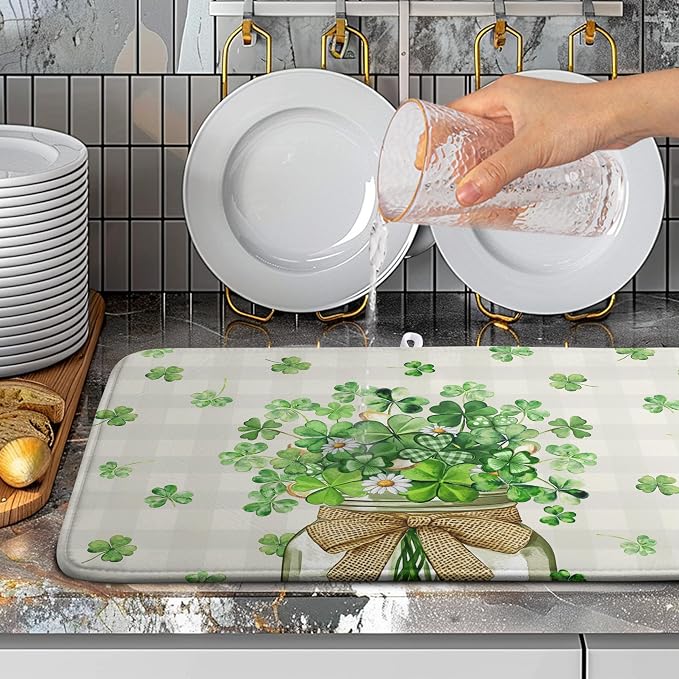St Patricks Day Shamrock Dish Drying Mat Green Spring Kitchen Dishes Drying Pad - Image 4