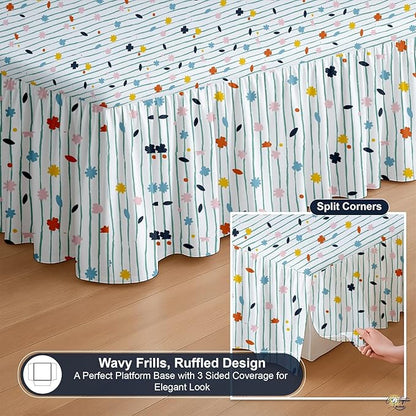 Cottington Lane Ruffled Bed Skirt Full Size with Split Corner, Brushed Microfiber Hotel Quality Dust Ruffle, 21 Inch Drop Gathered Bedskirt, Soft, Stylish, Shrink & Fade Resistant, Ray of Flowers