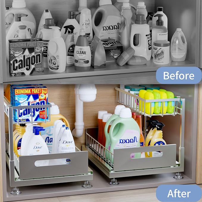 Under Sink Organizer Storage 2-Tier Premium Metal Pull-Out Kitchen Cabinet - Image 2