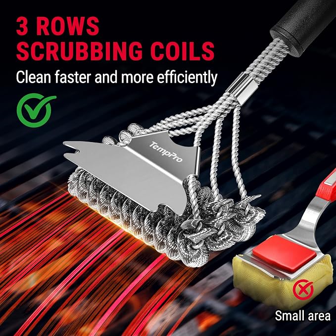 TempPro BBQ Grill Brush with Wide Scraper, Bristle-Free Stainless Steel - Image 4