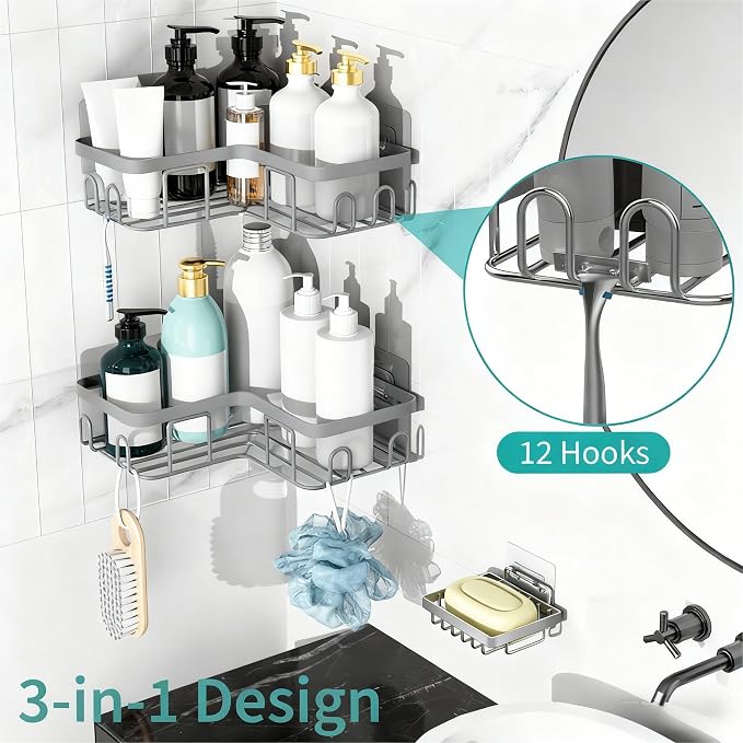 Moforoco Corner Shower Caddy Shelf Organizer Rack, Self Adhesive Grey Bathroom - Image 2