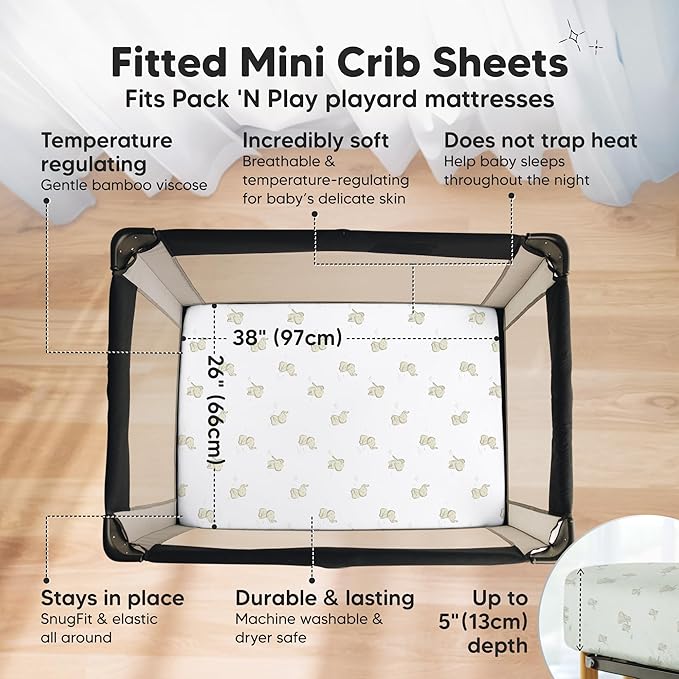Pack and Play Sheets Fitted - 2-Pack Mini Crib Sheets for Pack N Play Mattress 38x26, Soft & Cozy, Neutral Toddler Playard Bedding, Snug Fitted Mini Baby Crib Mattress Cover Boy, Girl (Elly)