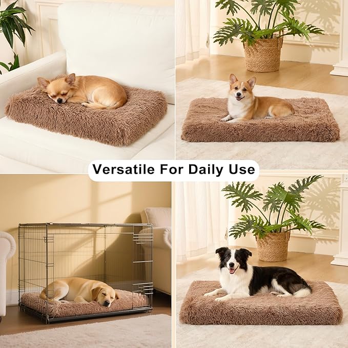 Fluffy Orthopedic Dog Beds for Large Dogs with Washable Removable Cover Dog Crate Bed Egg Crate Foam Support Plush Pet Pad Mat with Anti-Slip Bottom (42 * 28,Khaki)