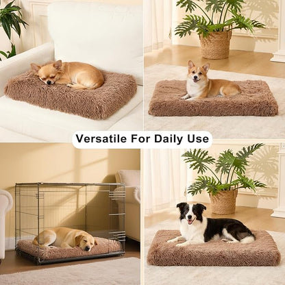 Fluffy Orthopedic Dog Beds for Large Dogs with Washable Removable Cover Dog Crate Bed Egg Crate Foam Support Plush Pet Pad Mat with Anti-Slip Bottom (42 * 28,Khaki)
