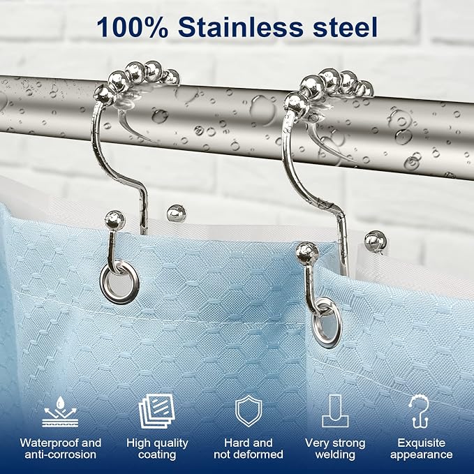 Shower Curtain Hooks, Sturdy Stainless Steel Double Sided Shower Hooks Rings - Image 2