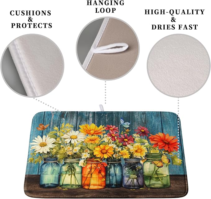 Daisy Dish Drying Mat for Kitchen Counter 18x24 Inch Rustic Vintage Flower - Image 3
