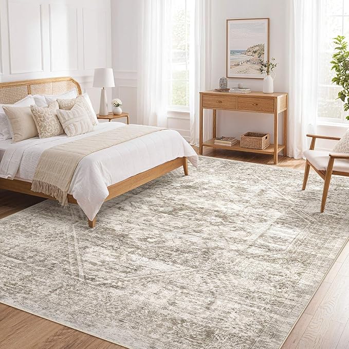Vintage Living Room Area Rug 8x10 - Large Soft Washable Oriental Traditional Distressed Farmhouse Rugs for Bedroom - Indoor Floor Accent Carpet for Home Office House Decor - Distressed Light Brown