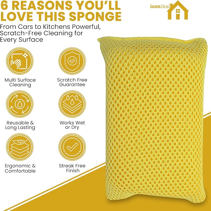 Iconikal 6-Pack Bug Scrubber Sponge 5.9x3.5-Inch Yellow Microfiber Large Car - Image 2