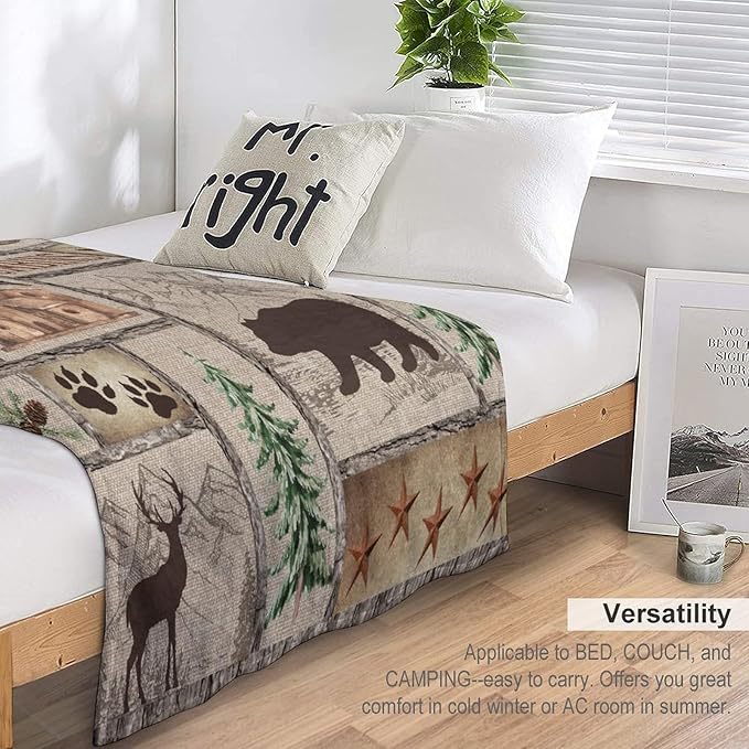 Rustic Cabin Bear Blanket, Lake Country Lodge Bear Deer Forest Farmhouse Camp Print Soft Warm Cozy Lightweight Decorative Blanket for Couch Bed Sofa Travel, 50"x60"