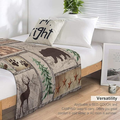 Rustic Cabin Bear Blanket, Lake Country Lodge Bear Deer Forest Farmhouse Camp Print Soft Warm Cozy Lightweight Decorative Blanket for Couch Bed Sofa Travel, 50"x60"