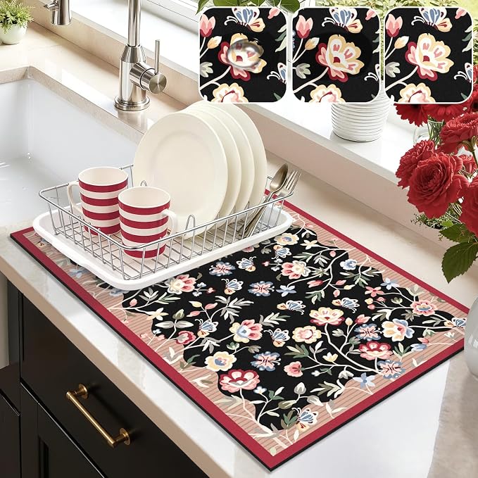 LOKHOM Floral Dish Drying Mat, Cuttable Hide Stain Drying Mat by LOKHOM