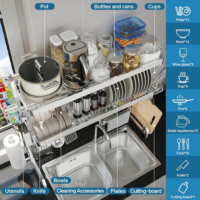 Over The Sink Dish Drying Rack, 3 Tier Adjustable Length Full Stainless Steel - Image 2