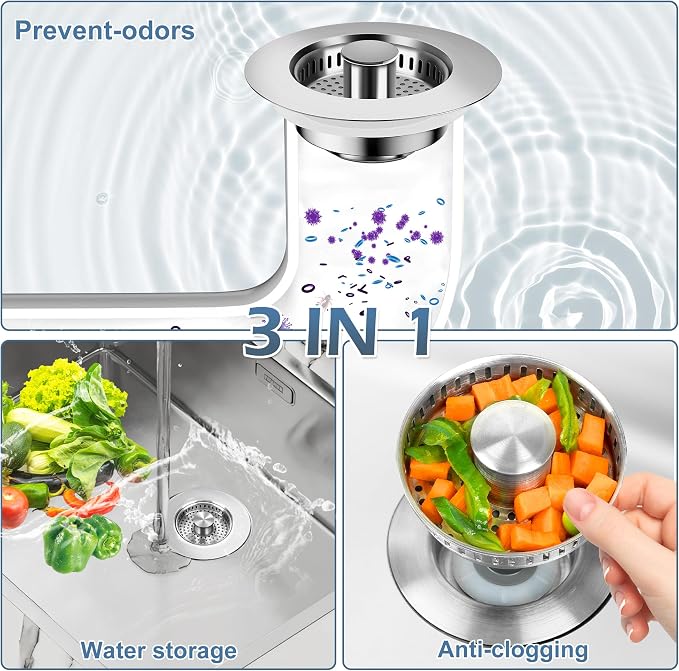 3 in 1 Kitchen Sink Drain Strainer ，304 Stainless Steel Kitchen Sink Stopper - Image 3